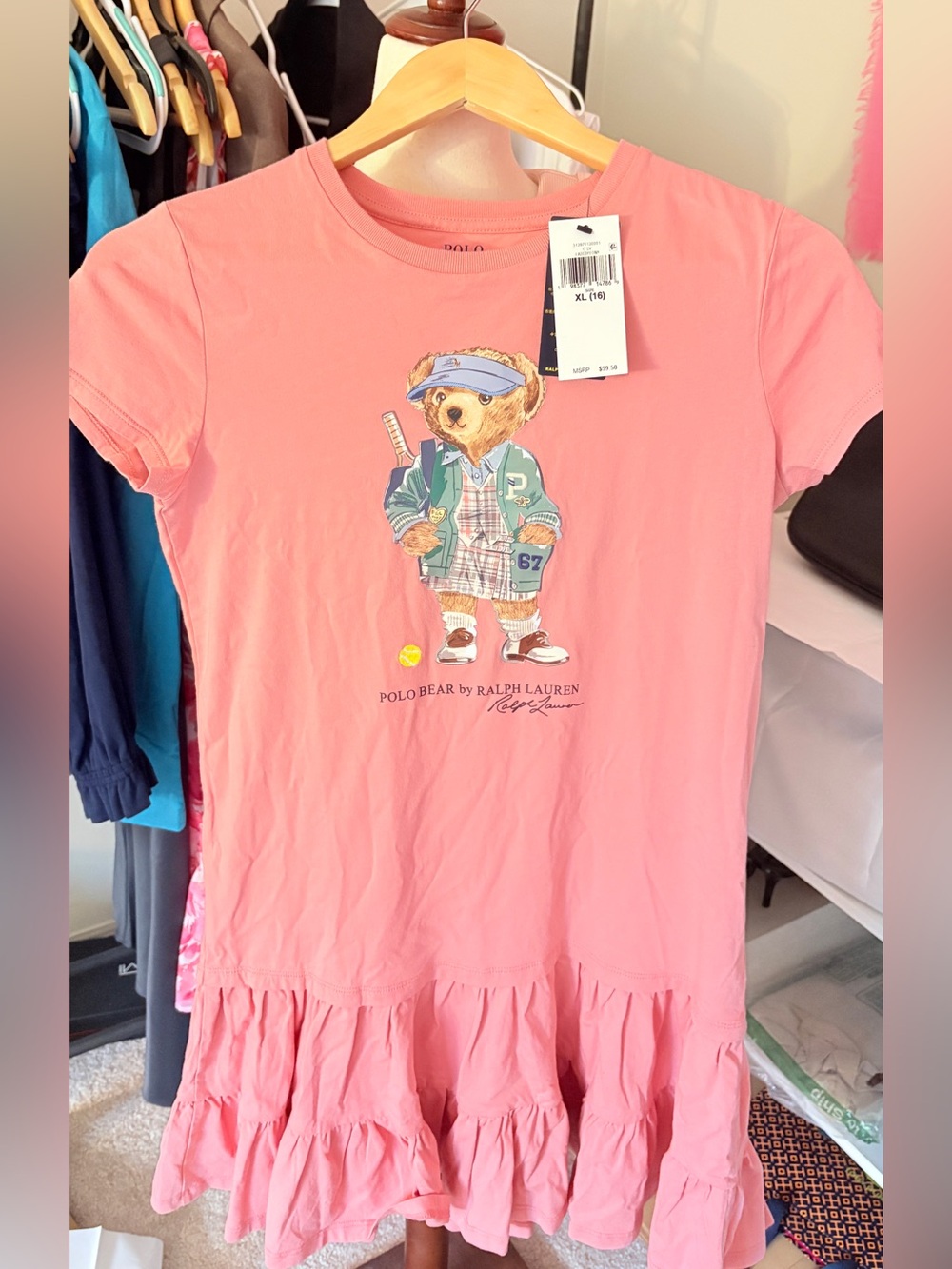 Ralph Lauren Girls Pink Polo Bear Ruffle Hem Tee Dress size XL16